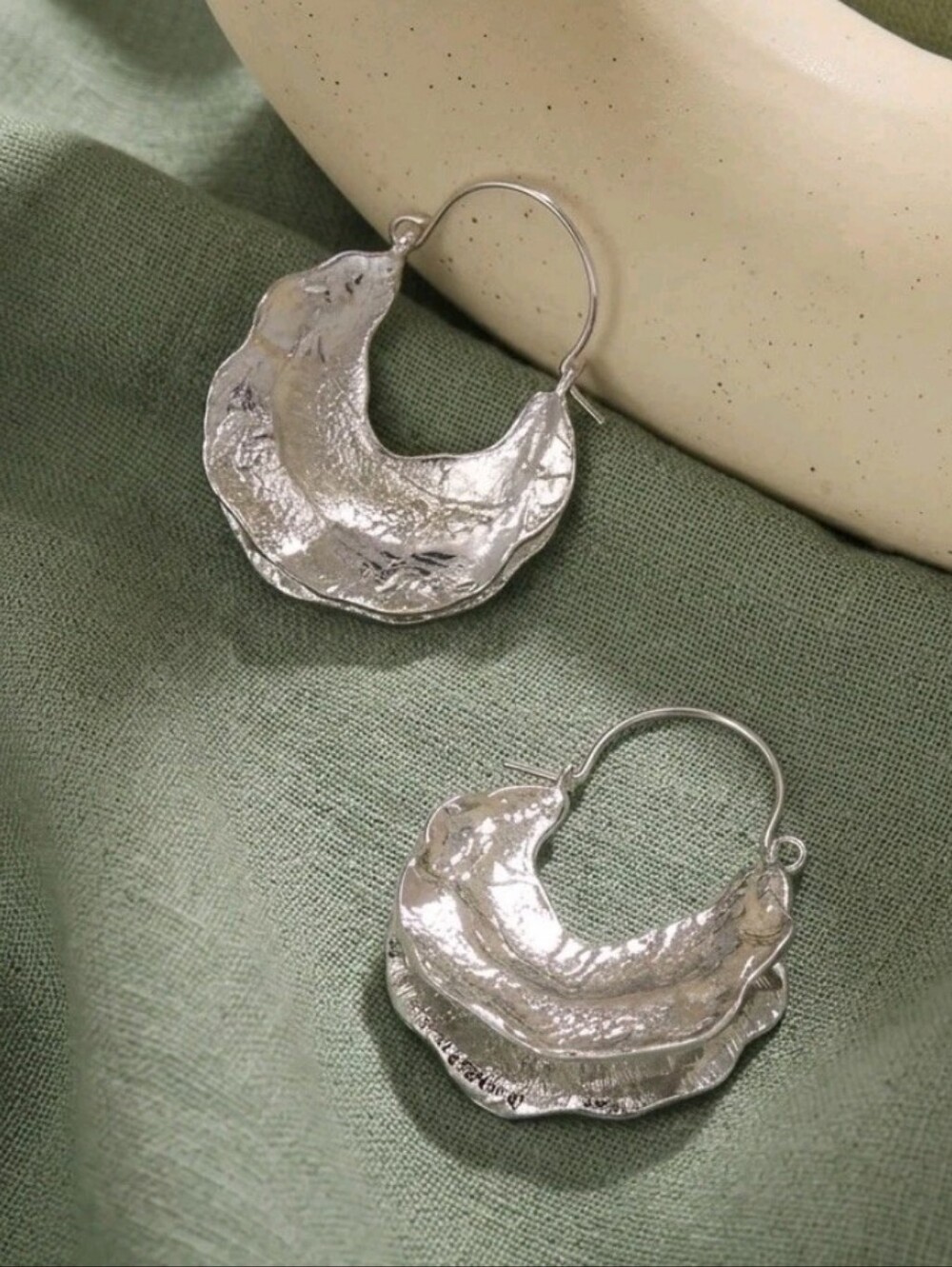 Pick 3 for $30 Silver Textured Crescent Hoop Wonton Earrings